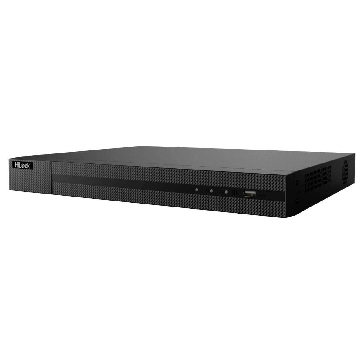 Black Hikvision HiLook rackmount DVR/NVR security recorder shown in perspective on a white background.