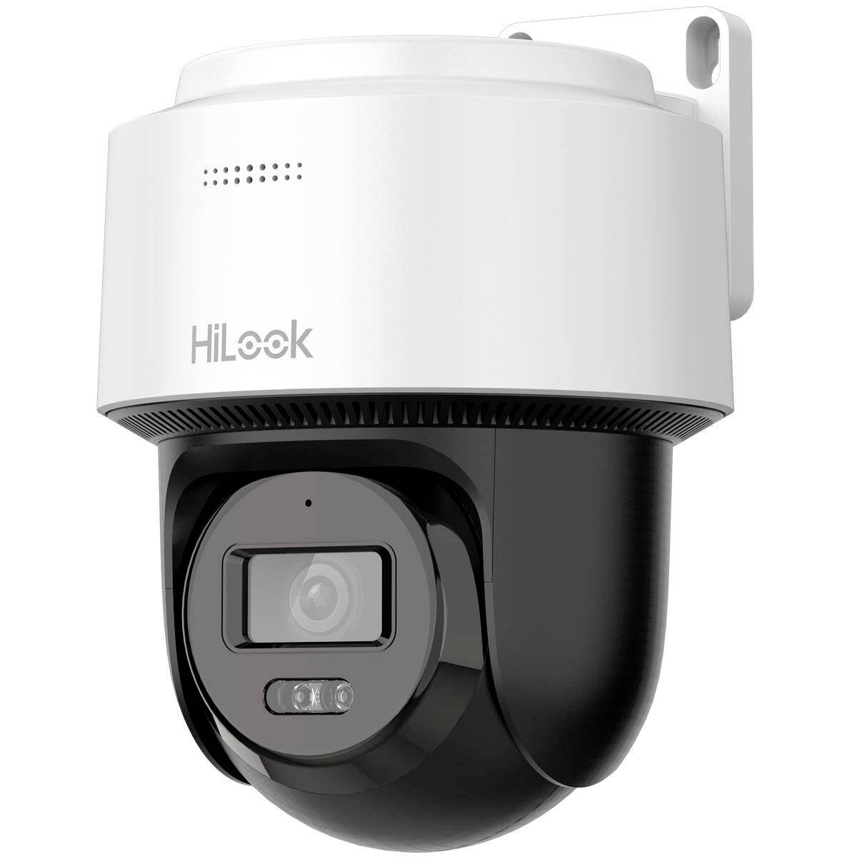 White HiLook security camera with black dome lens, mounted on a bracket against a plain background.