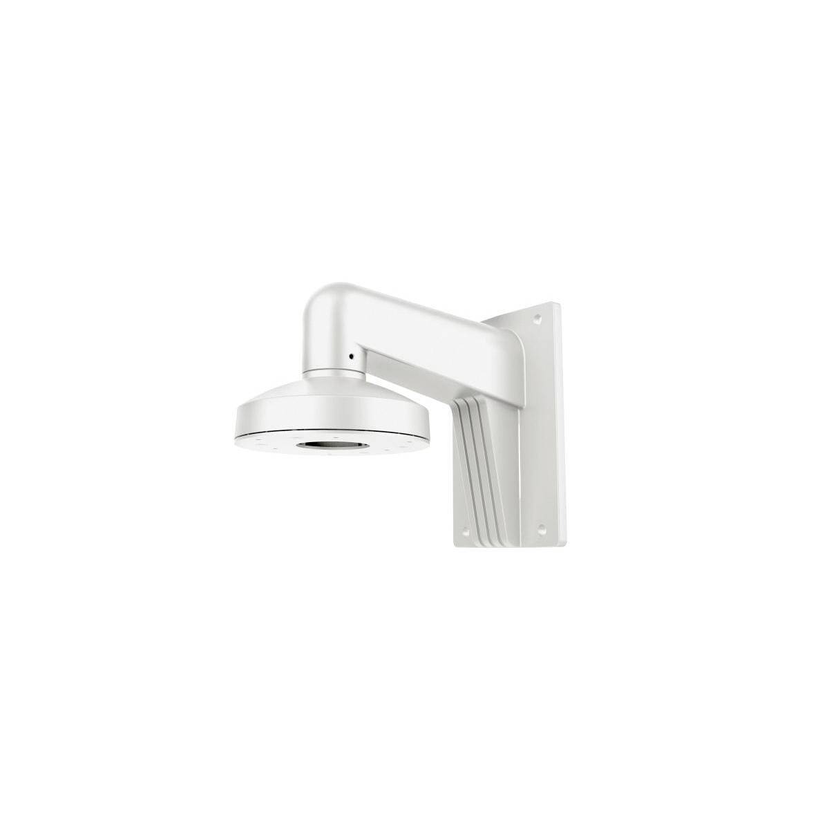 White wall-mounted security camera with rounded dome head on a bracket, shown against a plain white background.