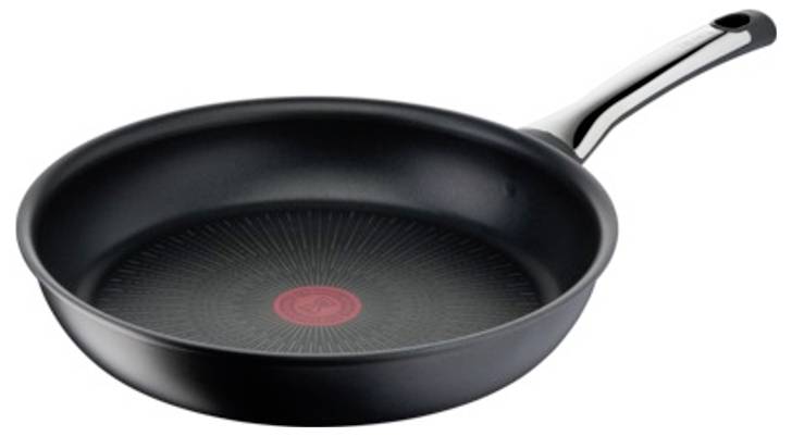Black nonstick frying pan with silver handle and red heat indicator on the base.