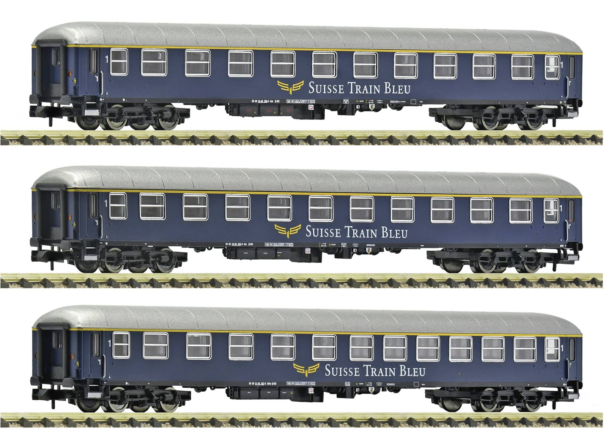 Three side-view model passenger train cars in dark blue with gray roofs, labeled 'Suisse Train Bleu', shown stacked vertically.