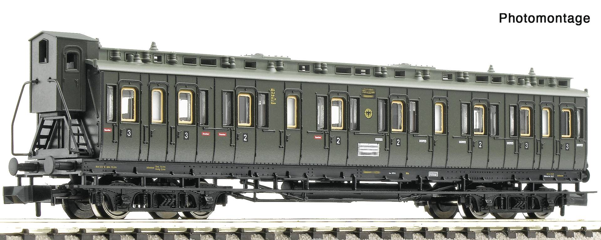 Photomontage of a dark green vintage passenger railcar model with multiple windows and a side door, shown on tracks against a white background.