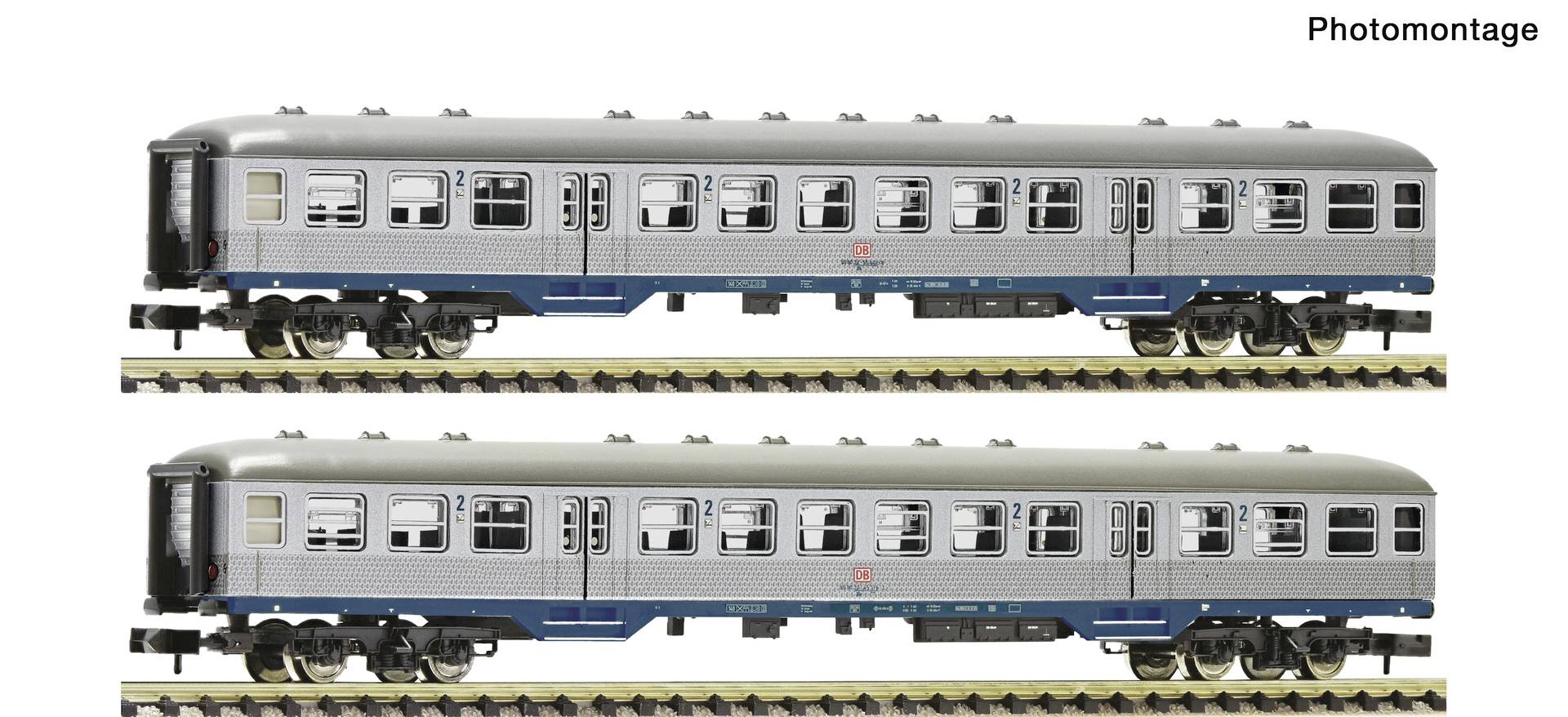 Photomontage of two side-view silver passenger train cars on white, one above the other, showing slightly different undercarriage details.