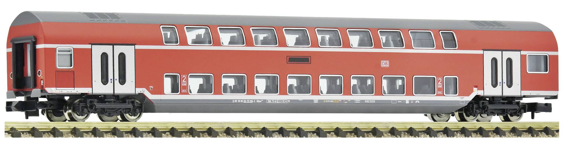 Red double-decker passenger train car shown in side view on tracks.