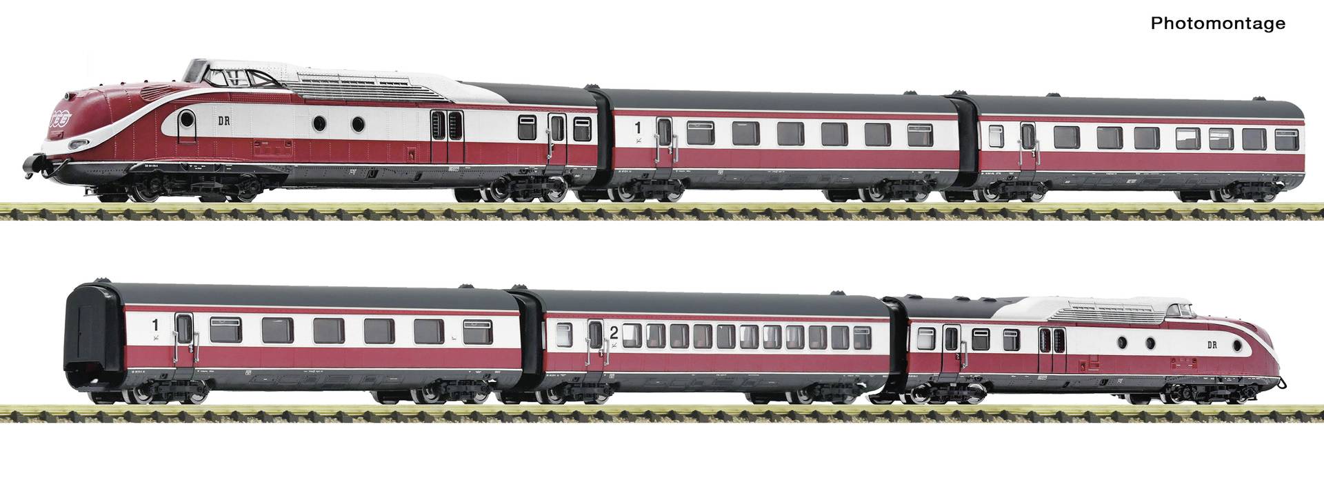 Two side views of a red and white high-speed passenger train model, shown from opposite directions on a plain background.