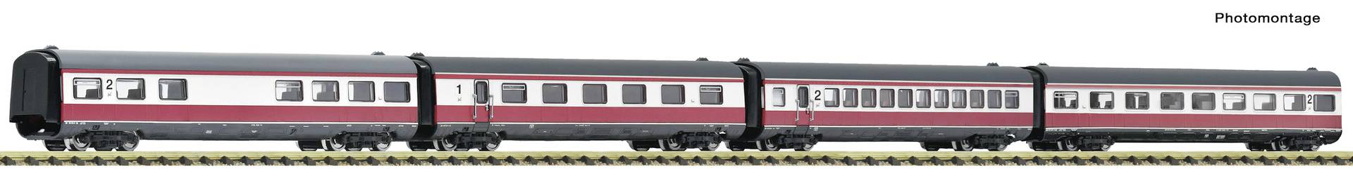 A red and white passenger train car shown in side view on a plain white background.