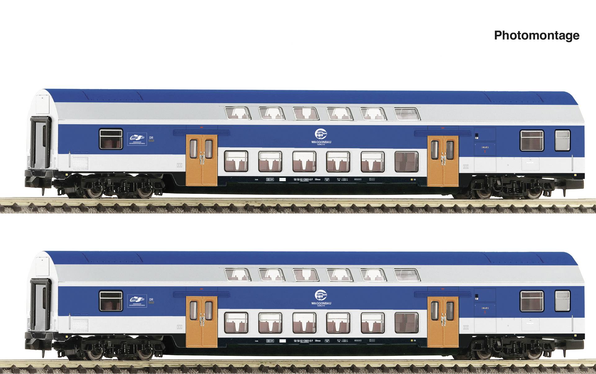 Photomontage of two blue-and-white passenger train carriages with orange doors shown side by side on tracks.