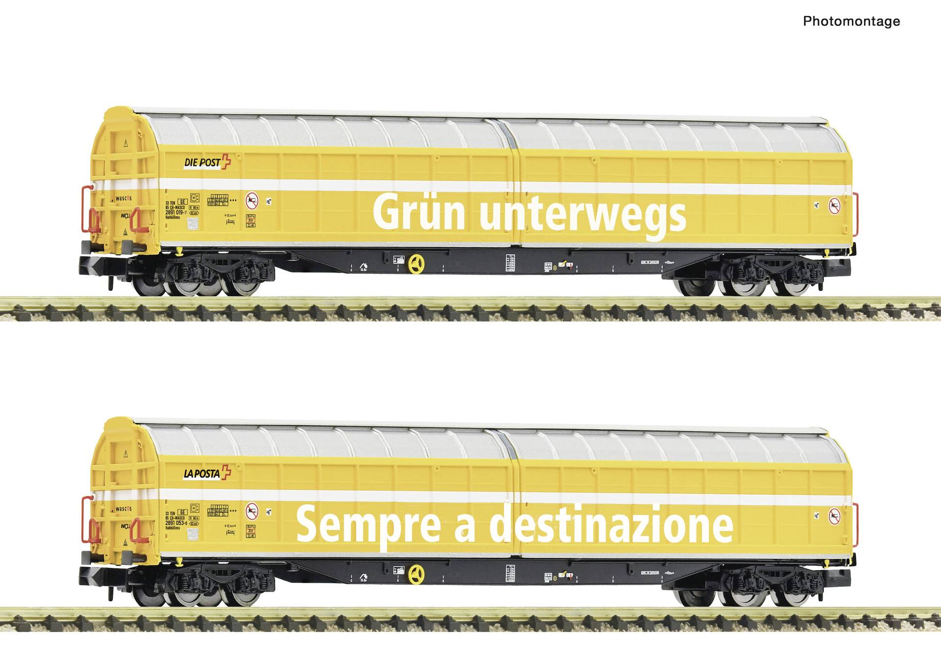 Photomontage of two yellow cargo railcars labeled 'Die Post'; one says 'Grün unterwegs' and the other 'Sempre a destinazione'.