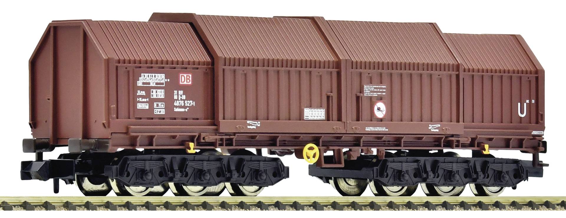 Side view of a brown freight rail wagon with a corrugated enclosed cargo container on wheels, shown isolated on a white background.