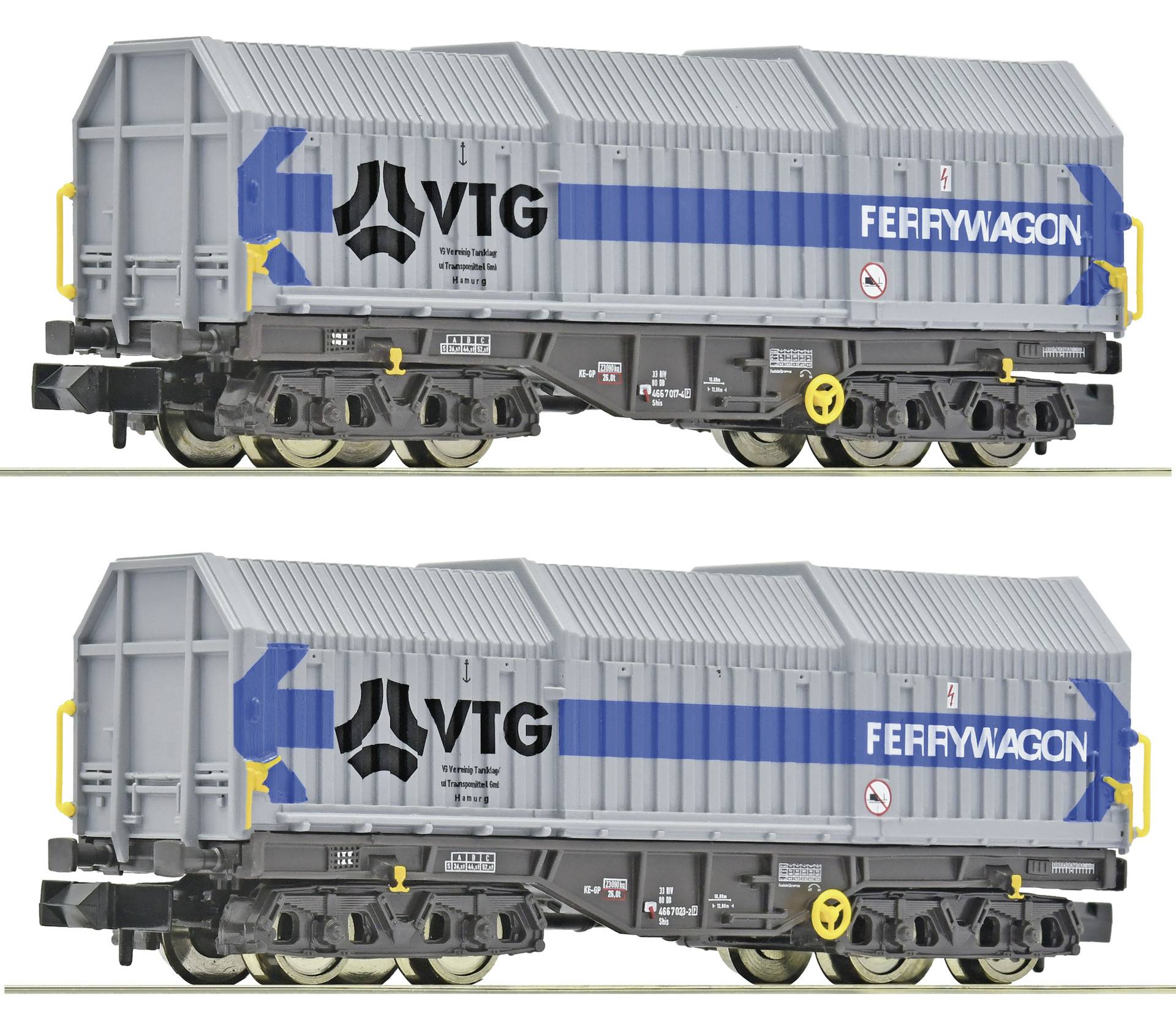 Two side views of a gray VTG 'FERRYWAGON' freight railcar with blue stripe and yellow handrails, shown stacked one above the other.