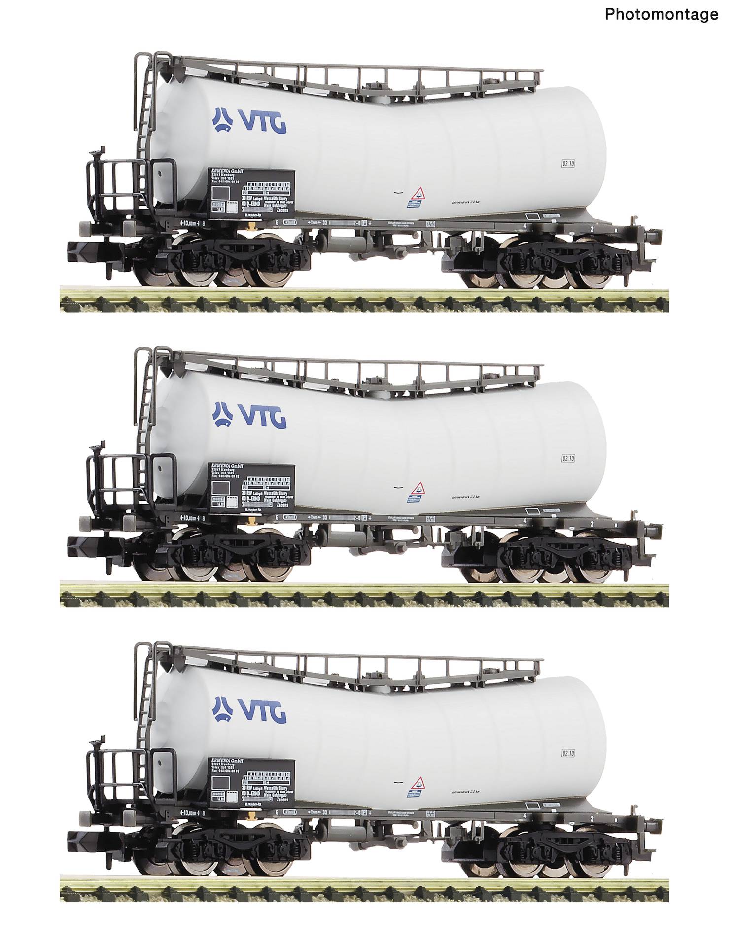 Three identical VTG white tanker railcars shown in a row on tracks, labeled 'Photomontage'