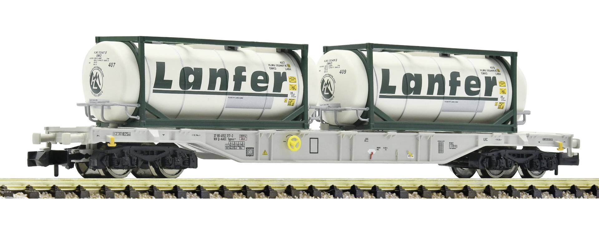 Two white Lanfer tanker containers mounted on a rail flatcar, shown in side view on tracks.