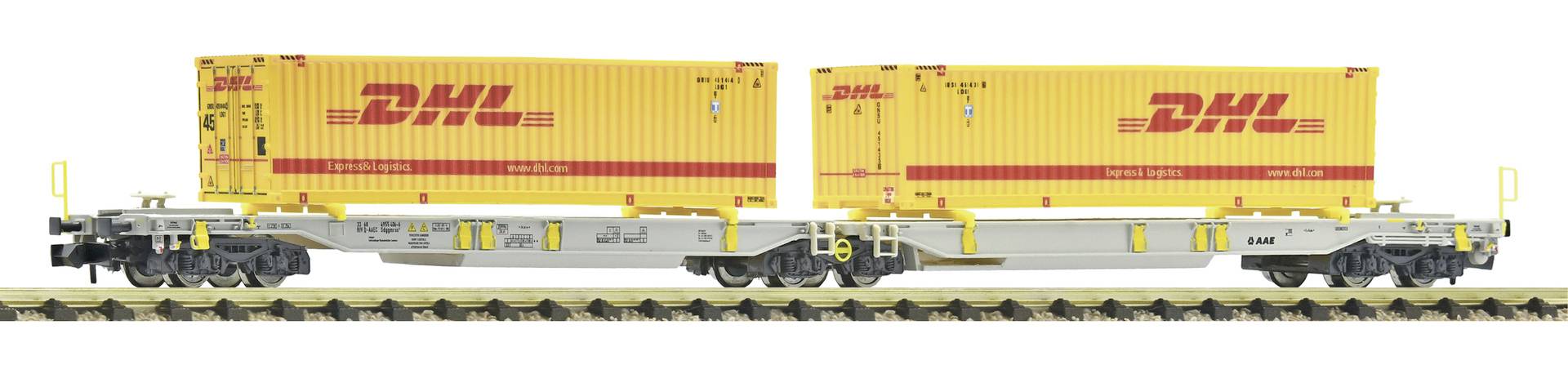 Two DHL-branded yellow shipping containers mounted on a flatbed railcar, shown side by side.
