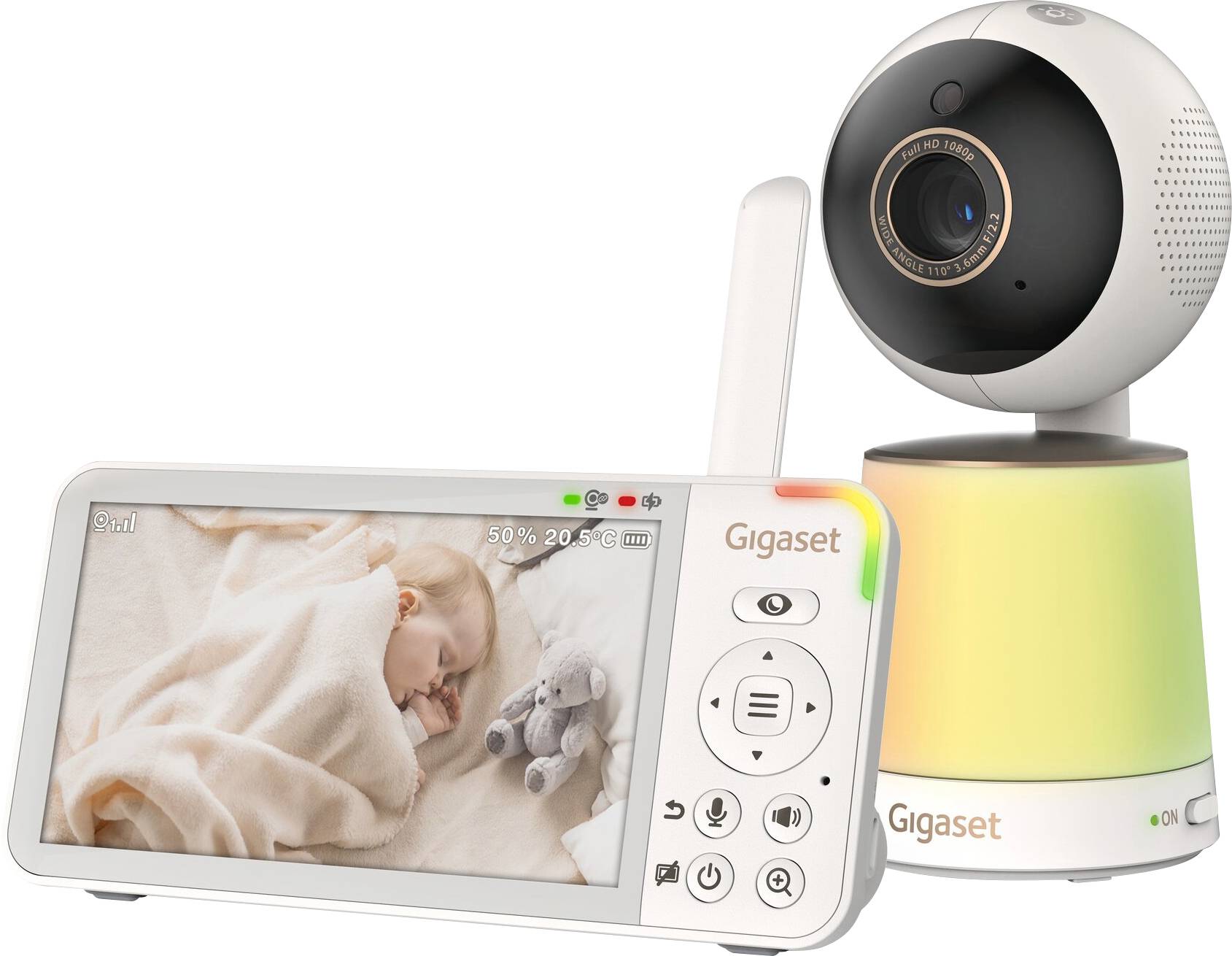Gigaset baby monitor with a parent unit showing a sleeping baby and stuffed toy, paired with a camera on a glowing base.