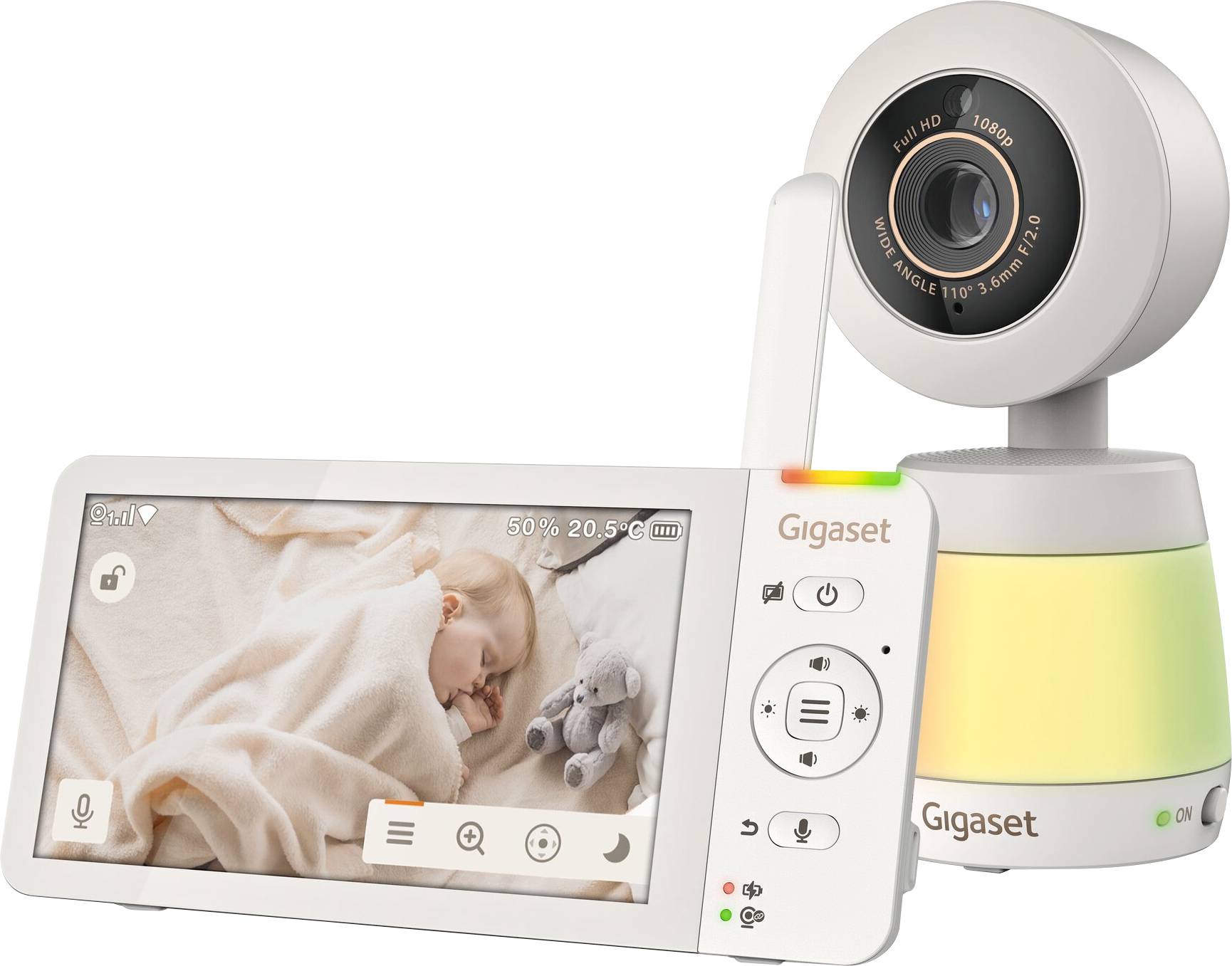 Gigaset baby monitor with screen showing a sleeping baby, parent unit controls, and camera with night light.