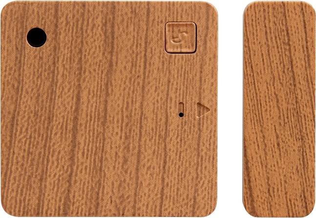 Wood-grain finish sample with a square panel and narrow side strip, showing a black hole and small embossed button-like detail.
