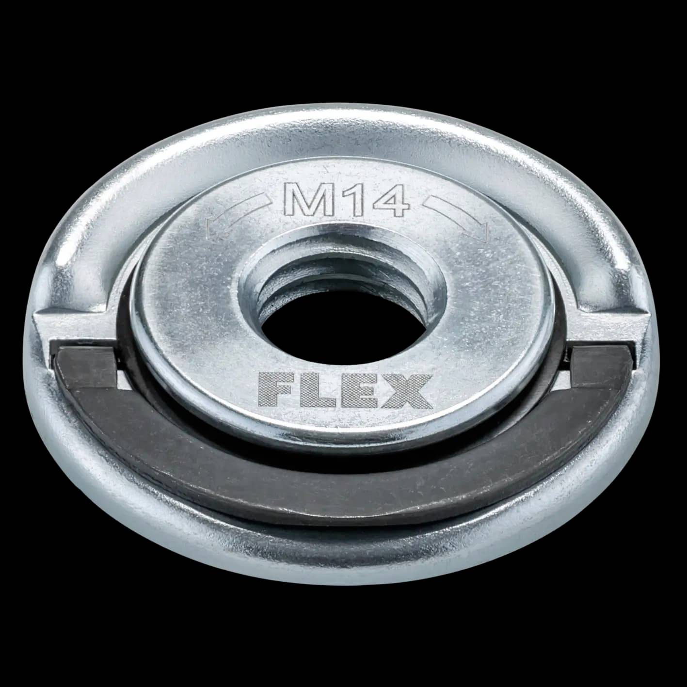 Metal M14 FLEX tool accessory with central threaded hole and circular clamp on a black background.