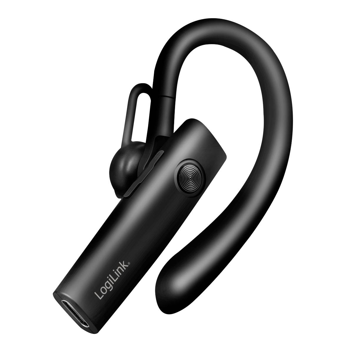 Black wireless Bluetooth headset with over-ear hook and inline control button, shown on a white background.