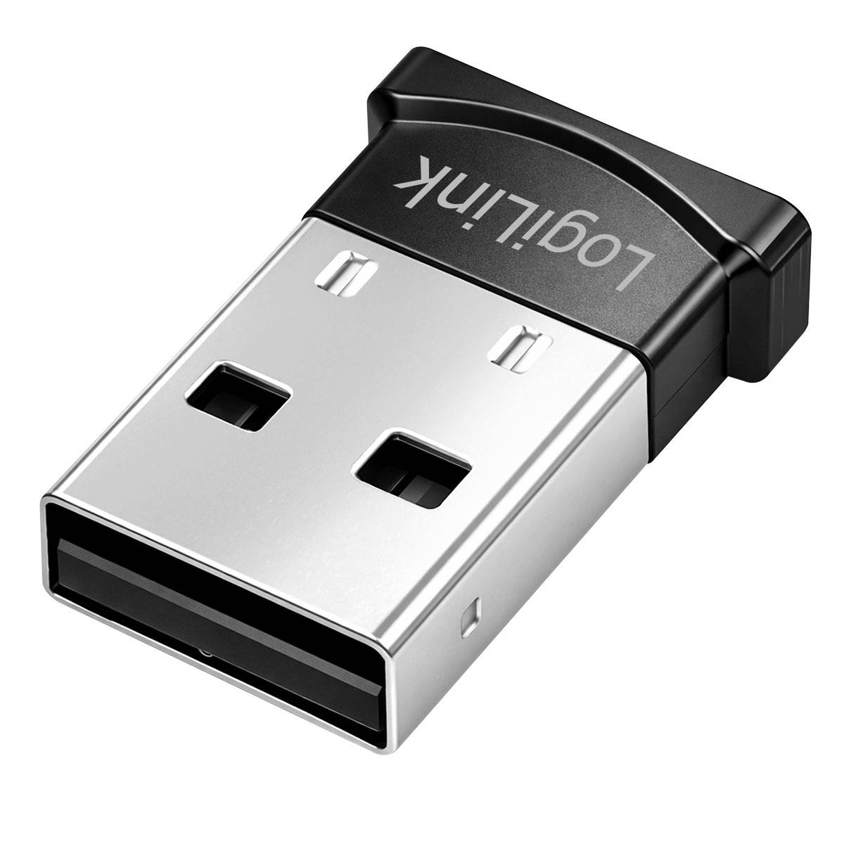 Close-up of a small Logitech wireless USB receiver dongle, black and silver, shown on a white background.
