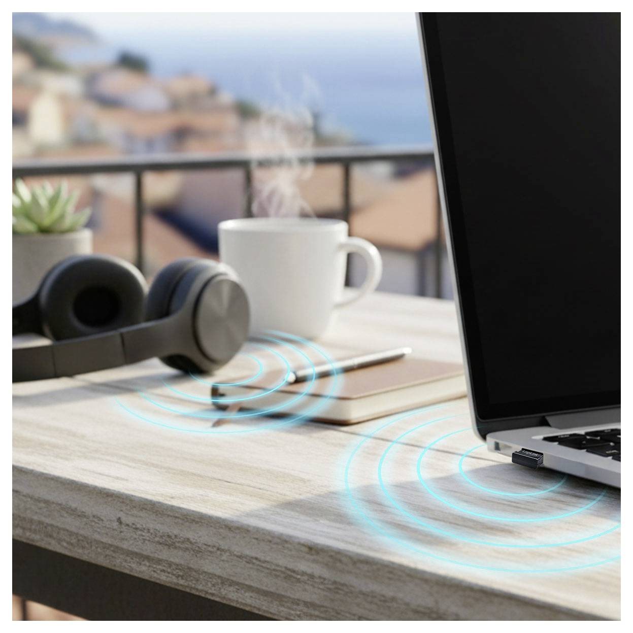 Laptop, headphones, notebook, pen, and coffee mug on a desk with blue Wi‑Fi signal rings, suggesting wireless connectivity while working outdoors.