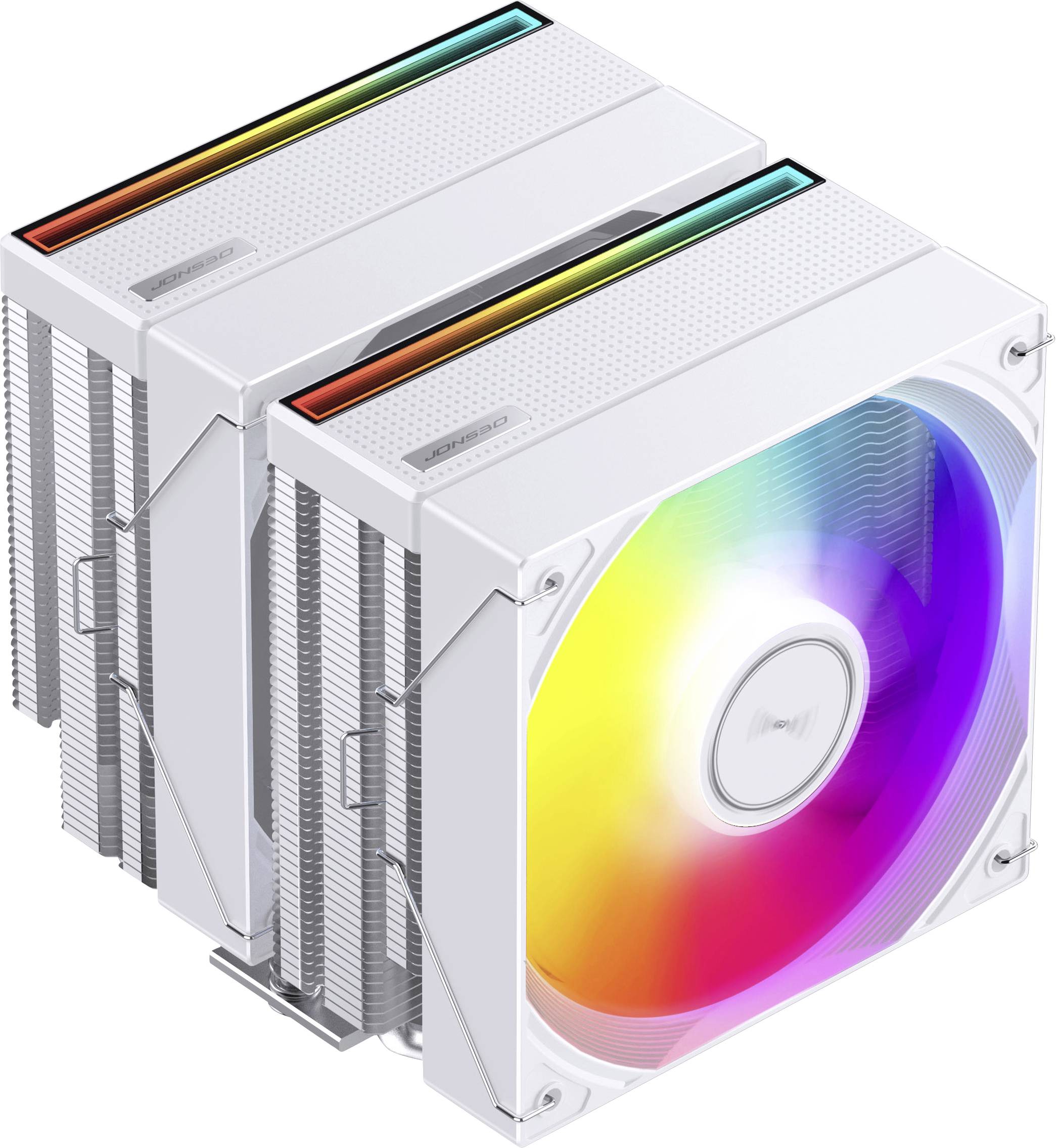 Two white tower CPU coolers with dense metal fins and rainbow-lit RGB fans, shown as a product-style render on a white background.