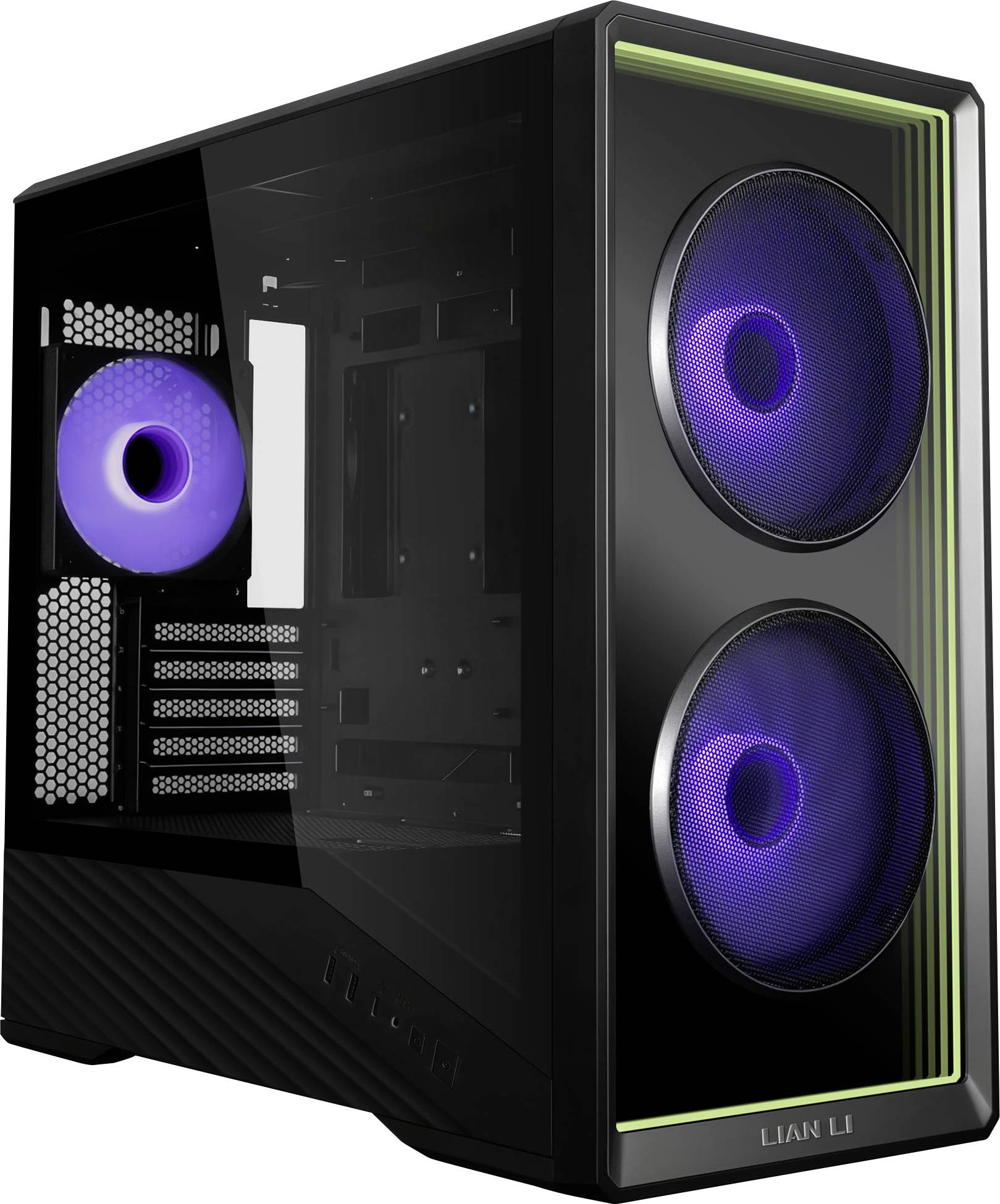 Black LIAN LI PC tower case with tempered-glass side panel and three purple LED cooling fans, two front and one rear.