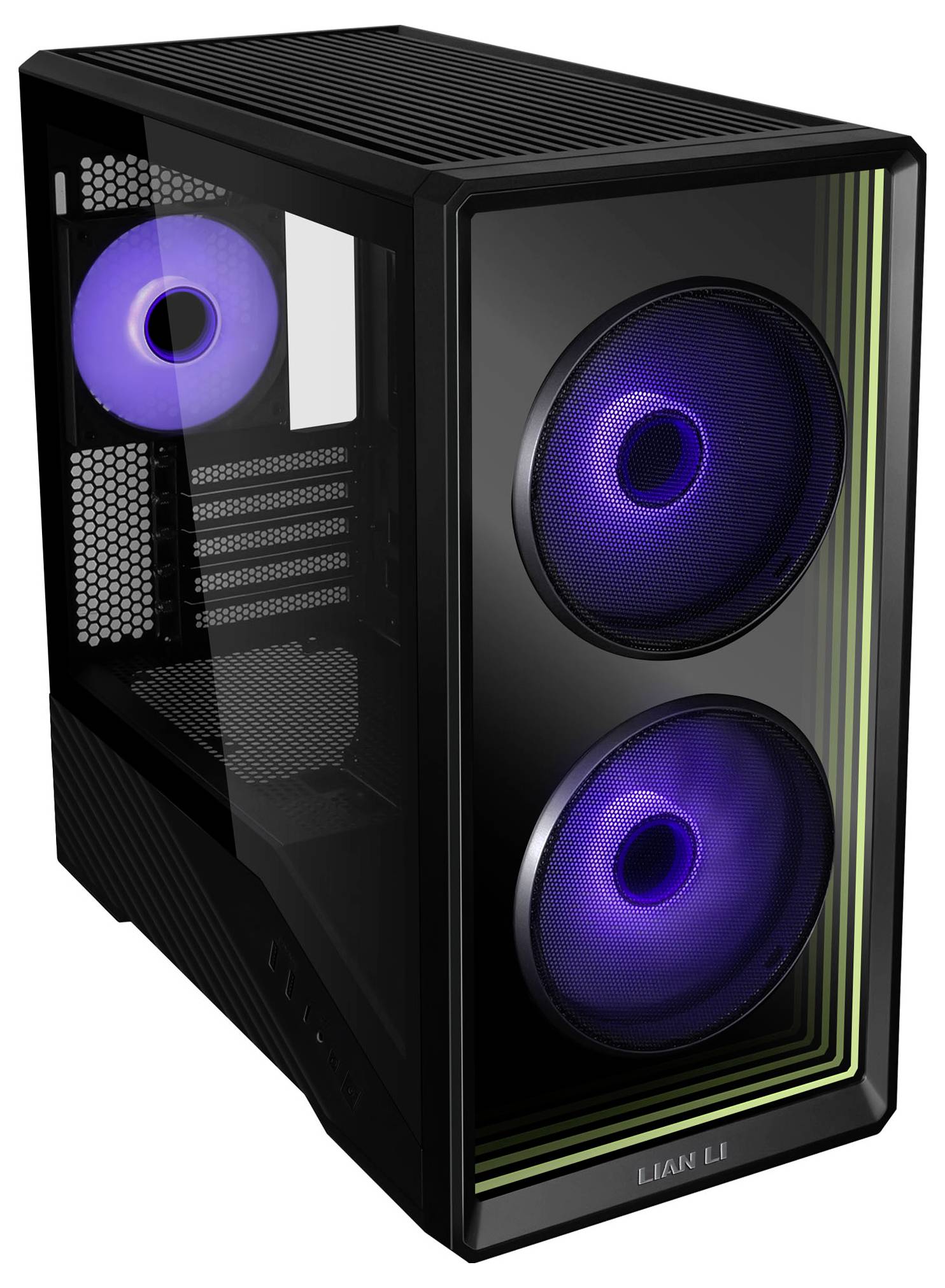 Black Lian Li PC tower case with three purple-lit cooling fans and a tempered glass side panel.