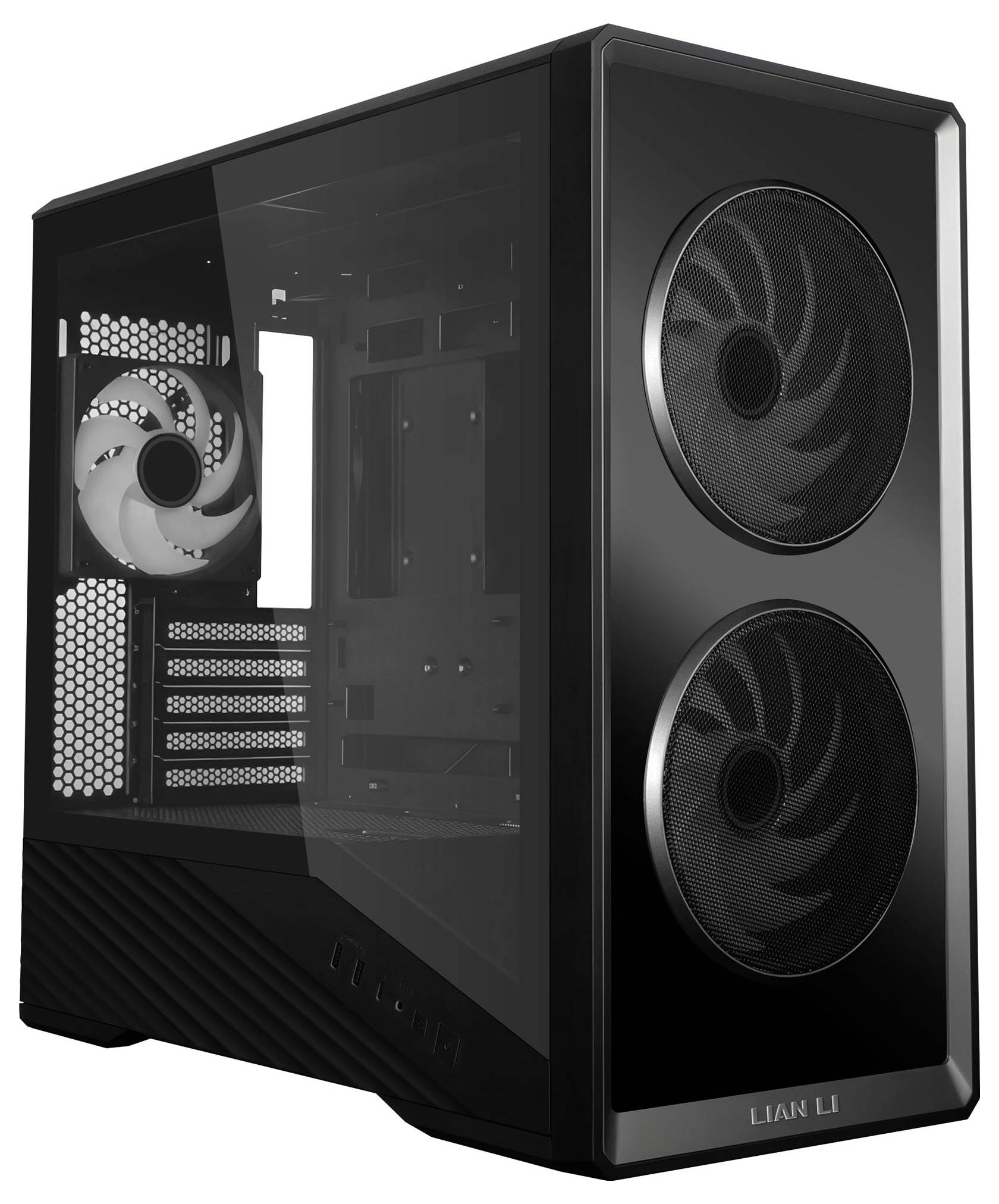 Black Lian Li PC case with tempered-glass side panel, front mesh, and two large front fans; rear fan visible inside.
