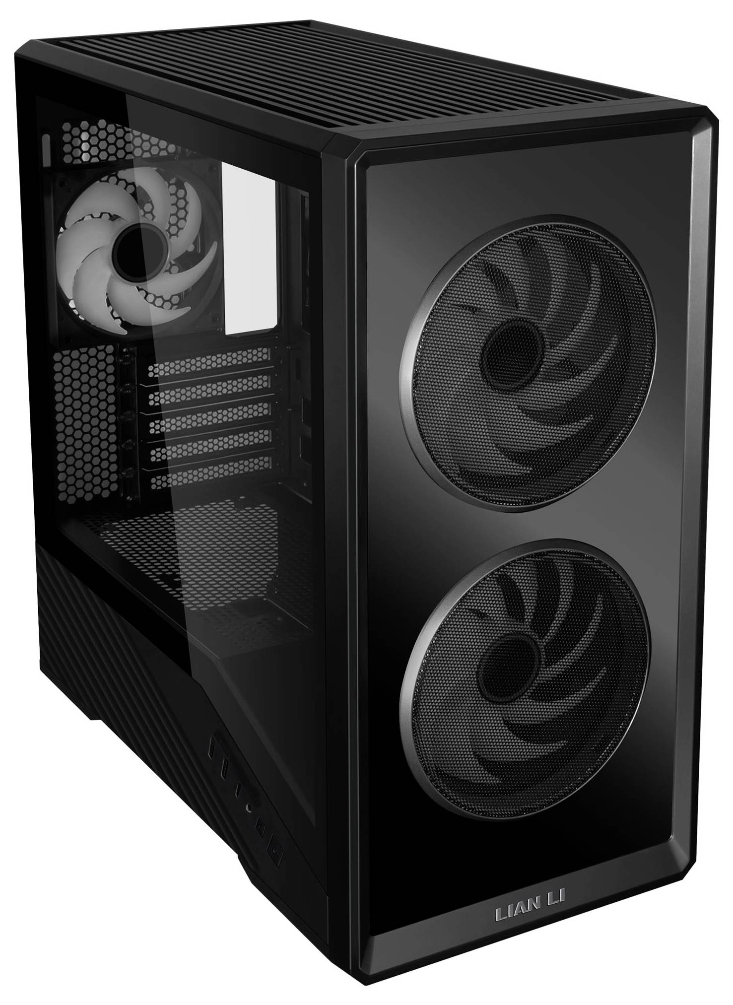Black computer tower case with transparent side panel, two front fans, and 'LIAN LI' logo on the bottom front edge.