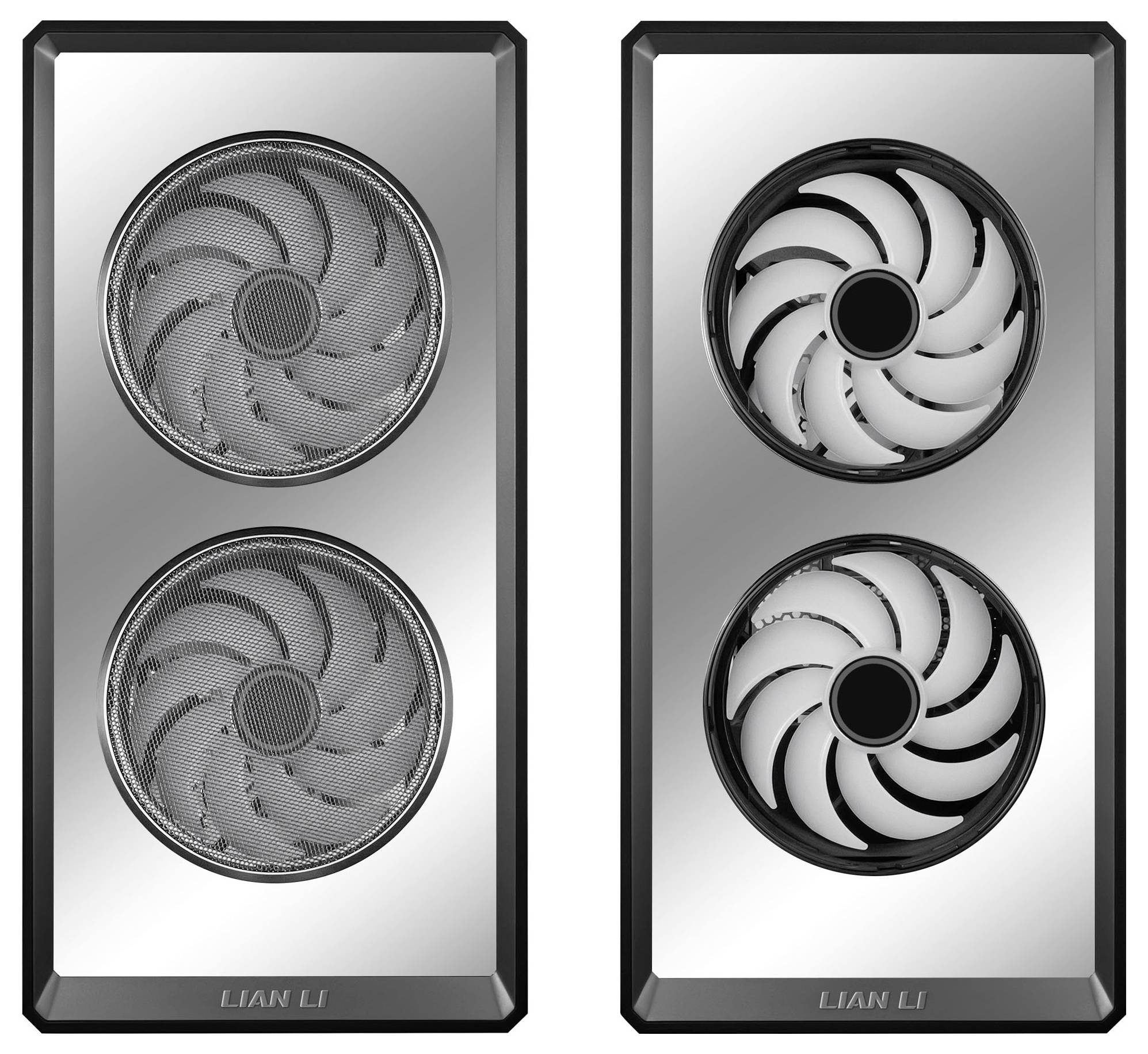 Two views of a LIAN LI computer case front panel with two circular fans each: left shows mesh-covered fans, right shows blade fans without mesh.