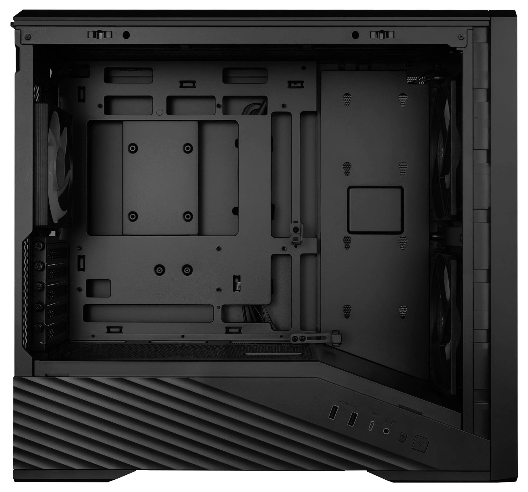 Empty black PC case interior with front and rear fan mounts, motherboard tray, PSU shroud, and cable-routing cutouts.