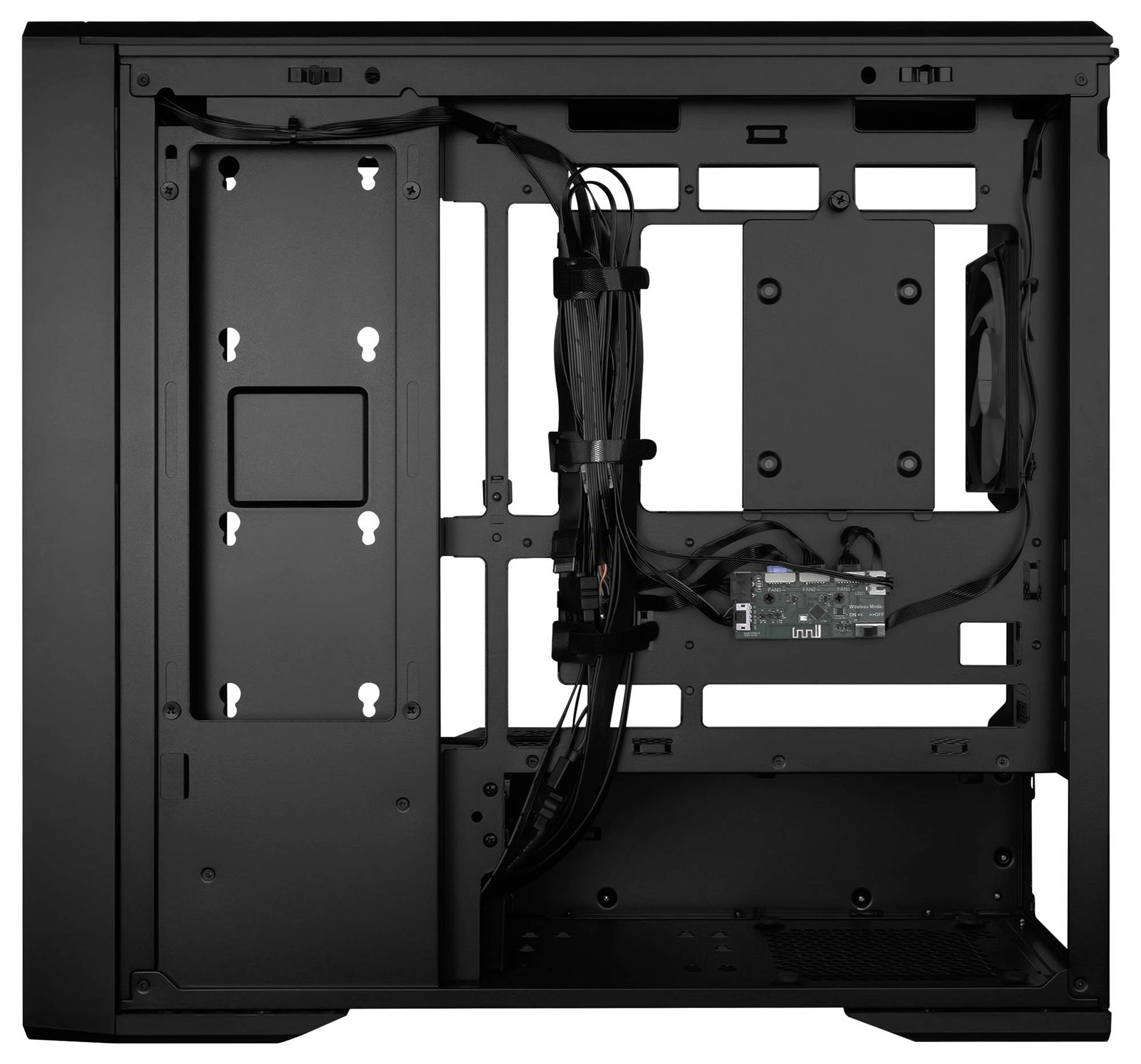 Empty black computer tower interior showing motherboard standoff panel, cable bundle, and PSU bay, with no components installed.