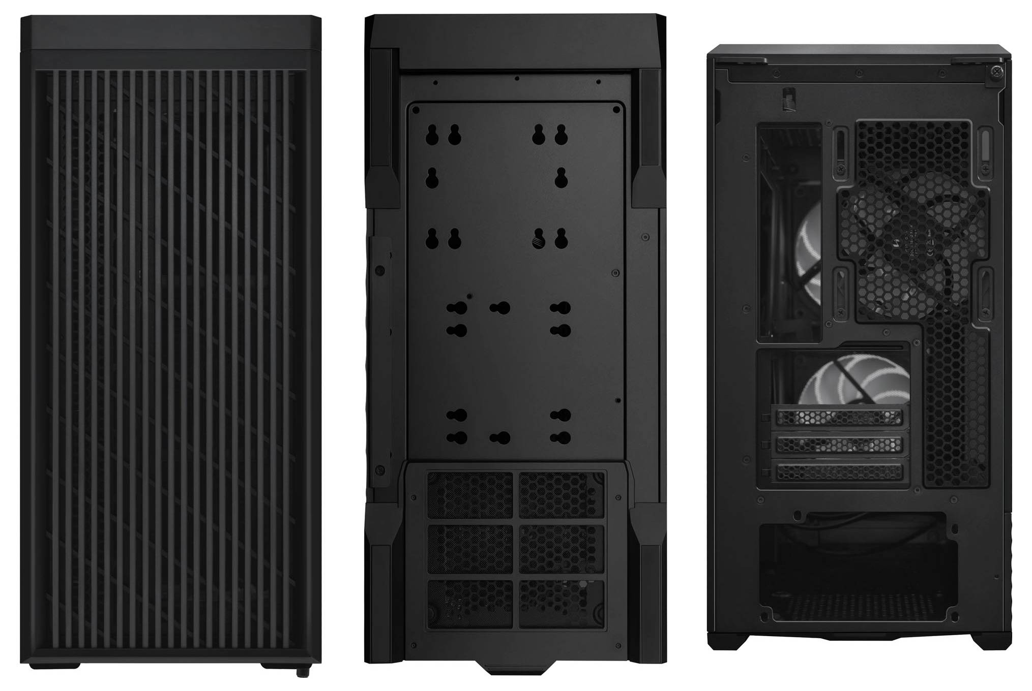 Three views of a black computer tower case: front with vertical slats, rear mounting panel, and side panel showing fan and internal drive bays.
