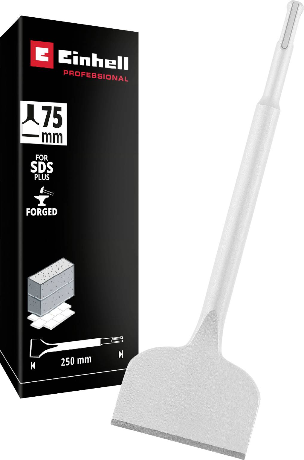 Einhell Professional 75 mm SDS Plus forged chisel, 250 mm long, shown with product packaging