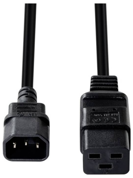 Close-up of two black power connectors on cables, showing a three-prong IEC-style male plug and matching female socket.