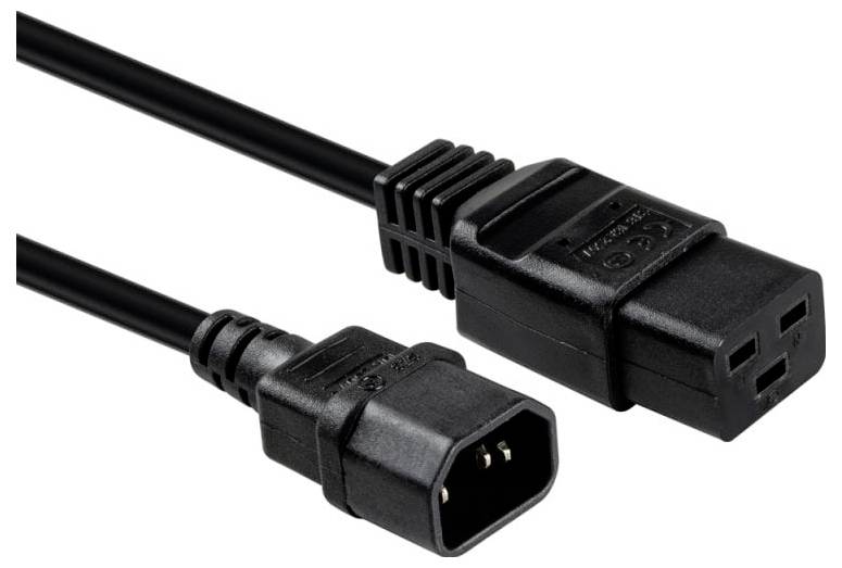 Two black power extension cable ends with IEC C14 male and IEC C13 female connectors on a white background.