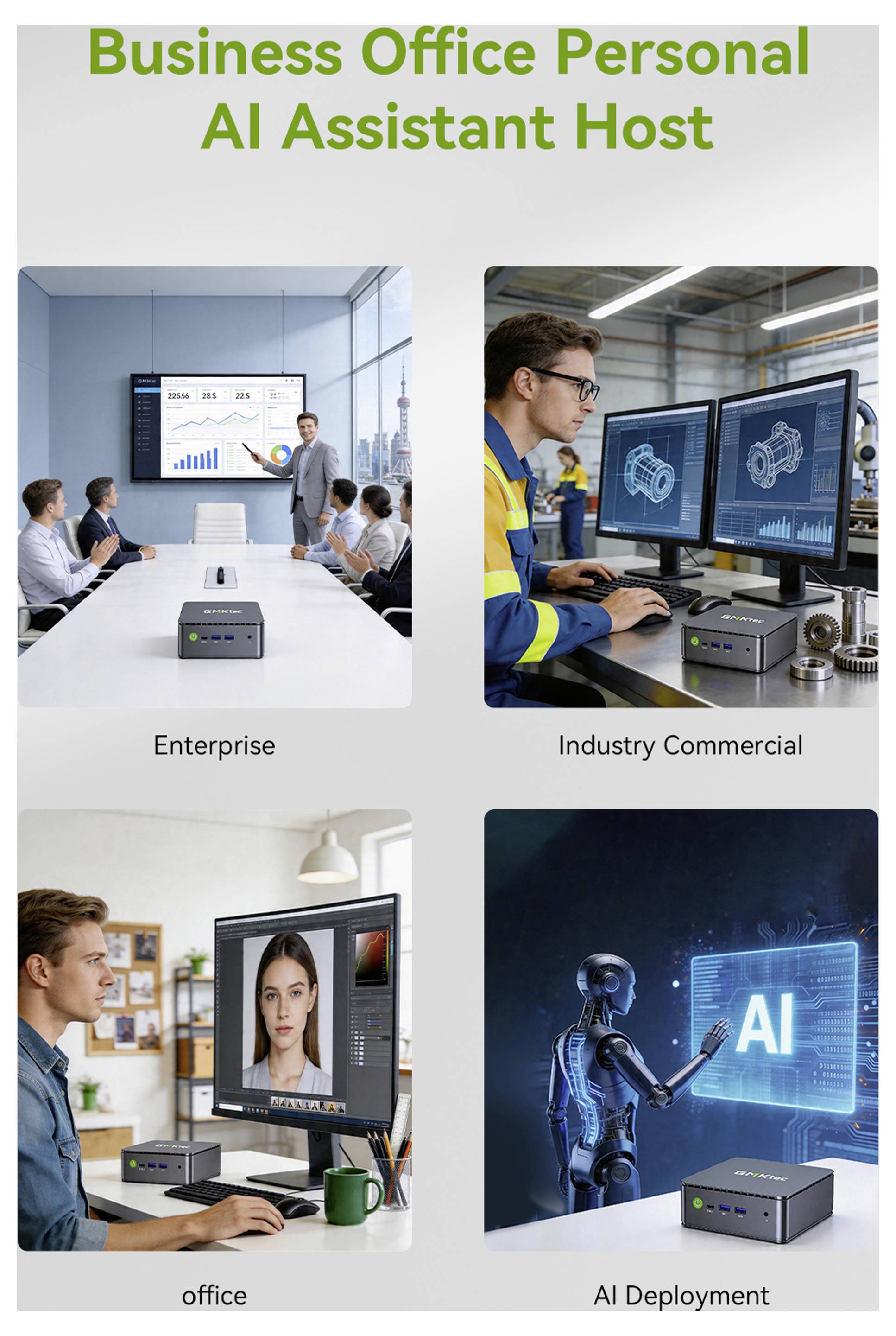Promotional graphic titled 'Business Office Personal AI Assistant Host' showing four use cases: enterprise meeting room, industry workstation, office video call, and AI deployment.