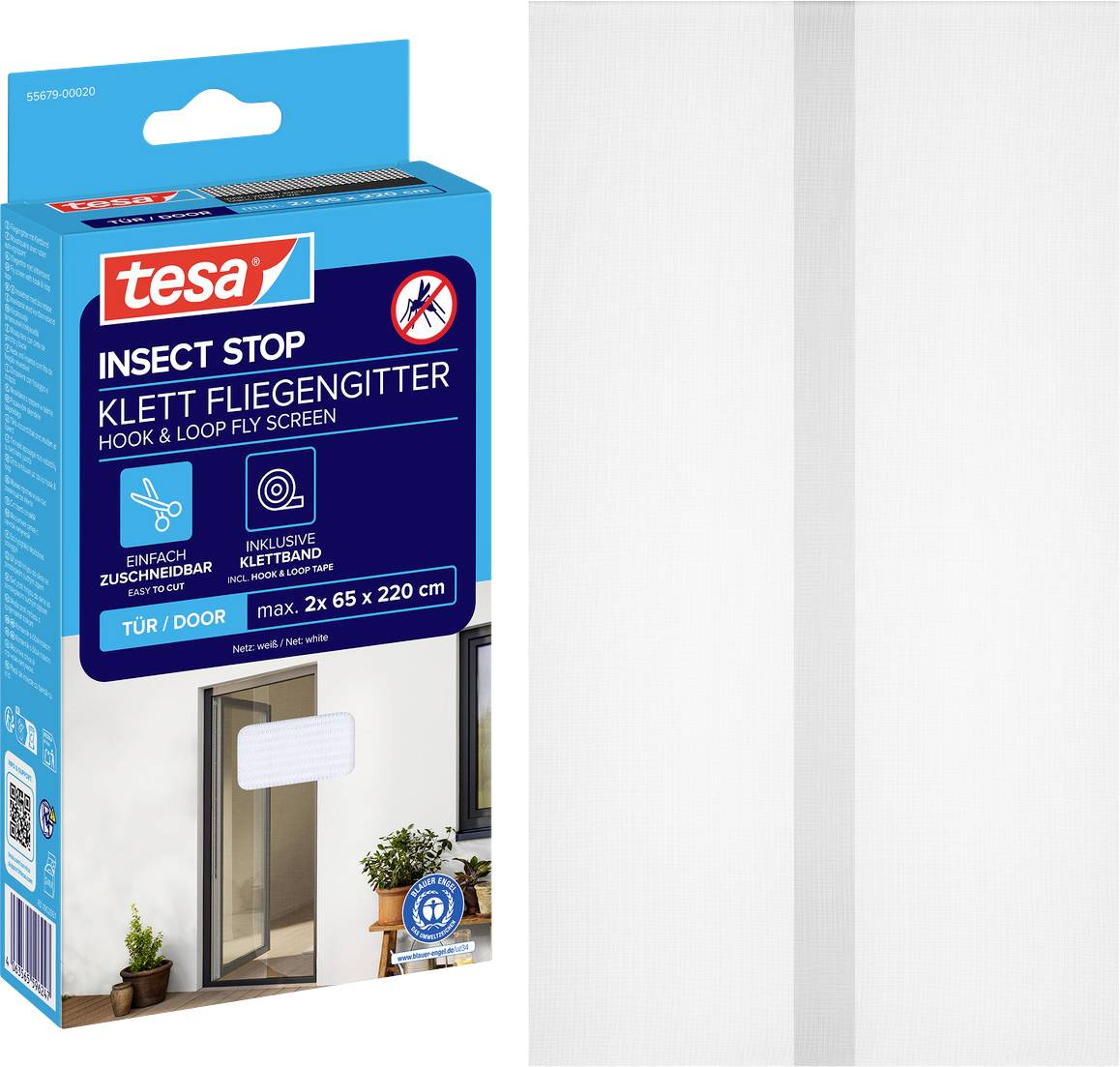Packaging for tesa 'Insect Stop' hook-and-loop fly screen, with a white mesh screen shown installed in a doorway on the right.