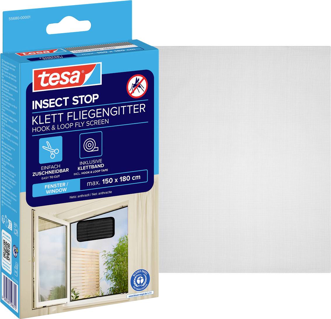 Package of tesa Insect Stop hook and loop fly screen for windows, max 150 x 180 cm, shown with a mesh screen sample.