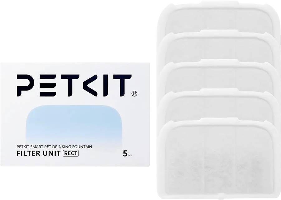 PETKIT smart pet drinking fountain filter unit, rectangular 5-pack, shown in packaging beside stacked white replacement filters.