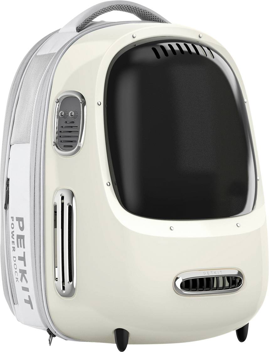 White Petkit smart pet backpack carrier with a front viewing window, side vents, and top handle for transporting a small pet.