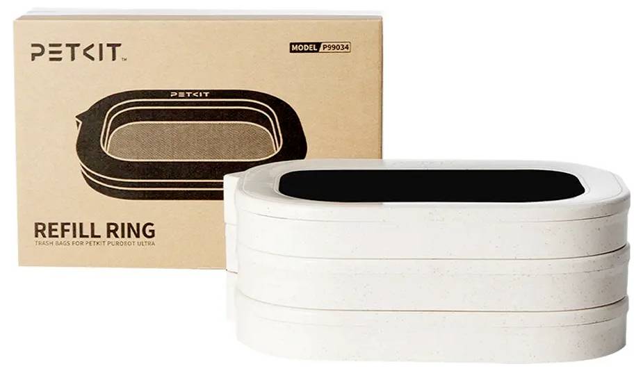 PETKIT refill ring package and white stackable pet waste tray with black top opening displayed on a white background.