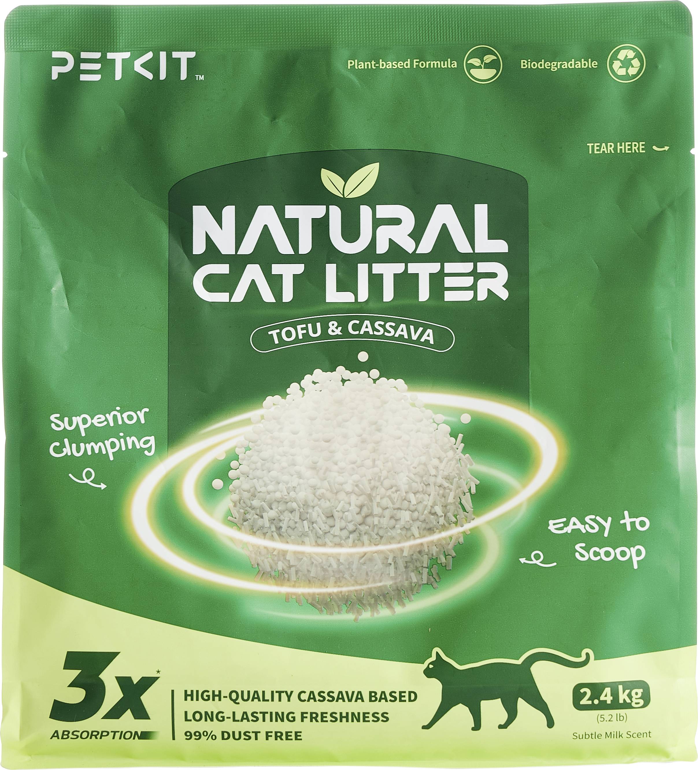 Green PETKIT bag of natural cat litter, 'Tofu & Cassava', highlighting plant-based, biodegradable, superior clumping, easy to scoop, 3x absorption, 2.4 kg.
