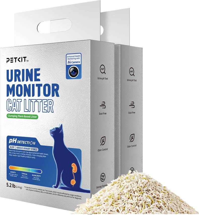 Petkit Urine Monitor Cat Litter packaging with a cat silhouette, pH detection graphic, and a pile of litter in front, shown in product box art.