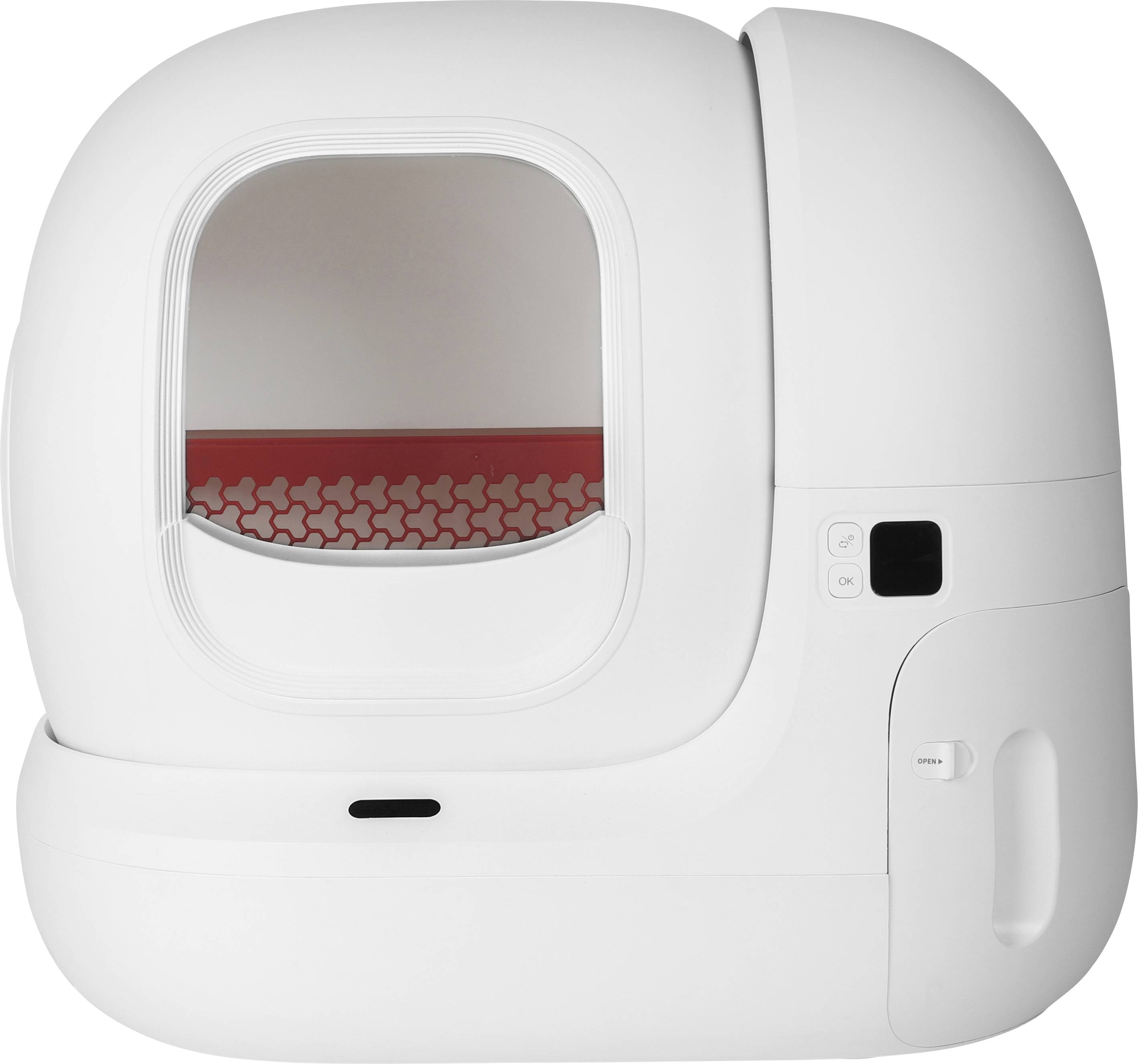 White automatic self-cleaning cat litter box with front window, control buttons, and side access door.