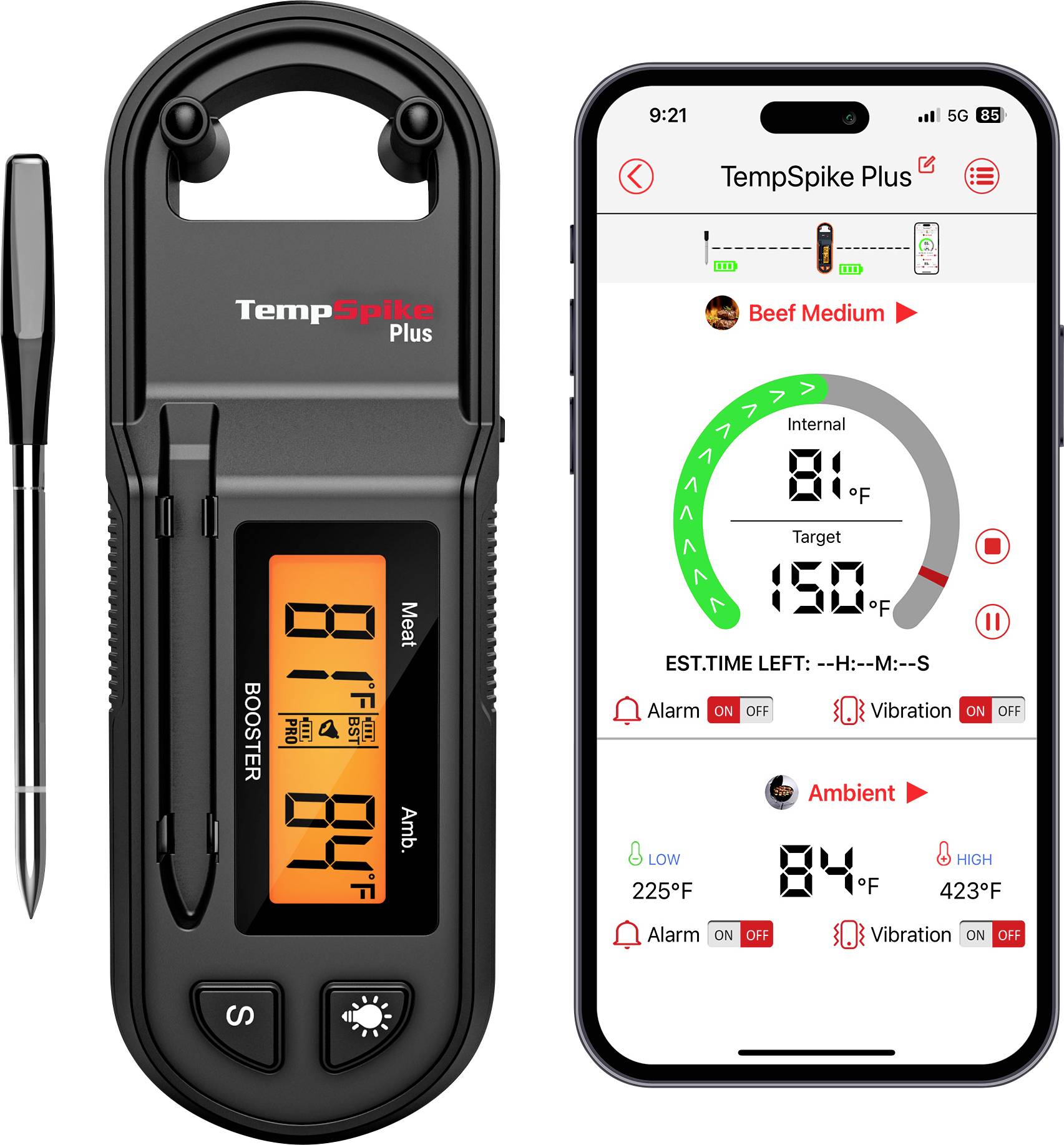 TempSpike Plus thermometer and app display showing beef medium cooking to 150°F, with current internal temperature 81°F and ambient temperature 84°F.