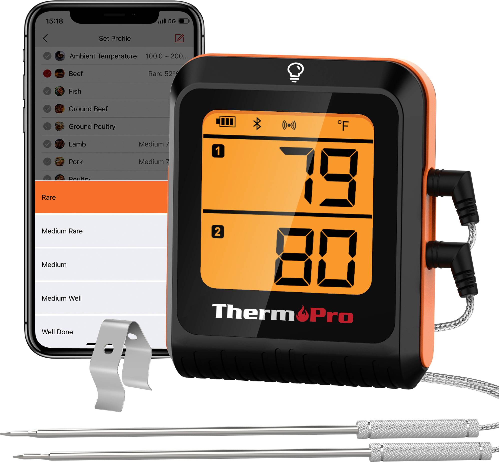 ThermoPro dual-probe meat thermometer with wireless app; screen shows 79°F and 80°F, with preset doneness options on a phone behind it.