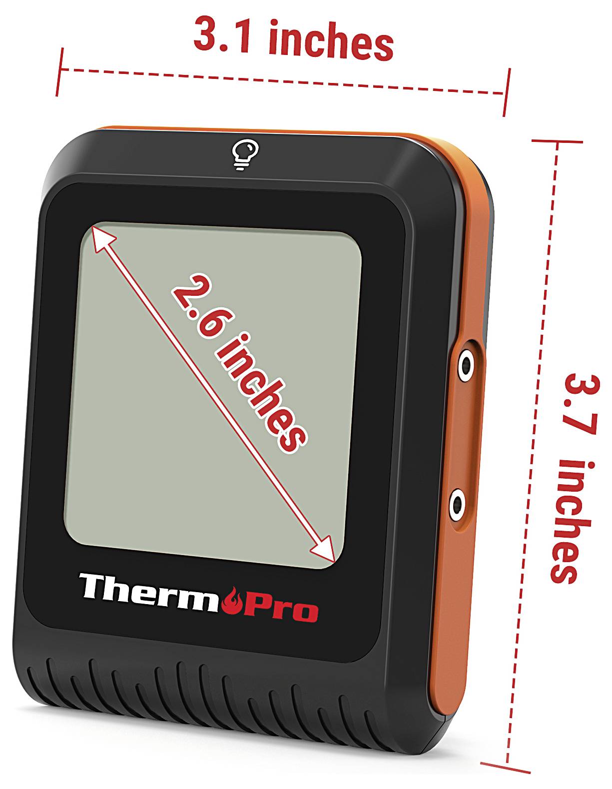 ThermoPro digital thermometer shown with dimensions: 3.1 inches wide, 3.7 inches tall, and 2.6 inches diagonal on the display.