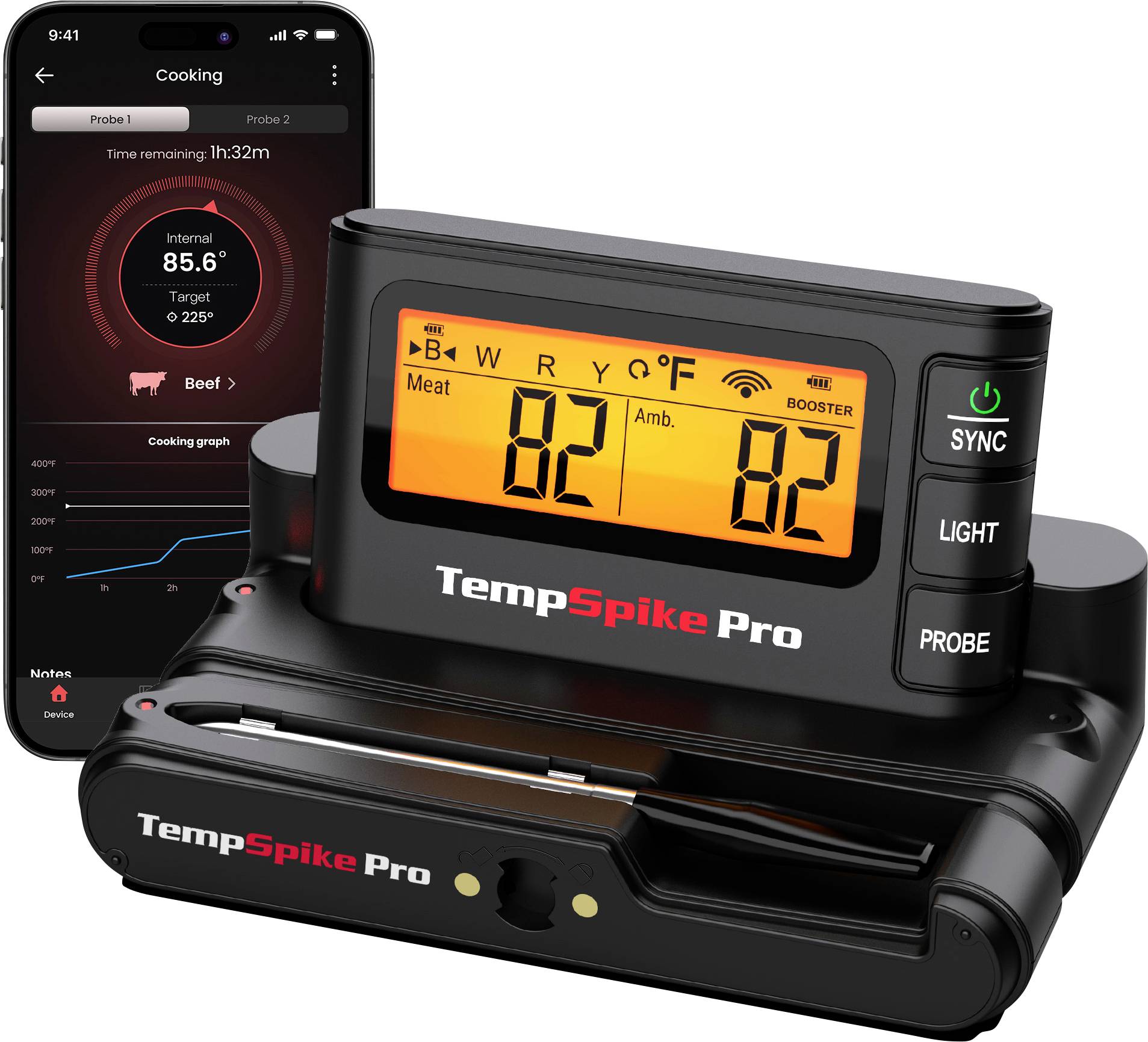 TempSpike Pro wireless meat thermometer with dock and app screen showing cooking status, internal temperature, target, and probe graph.