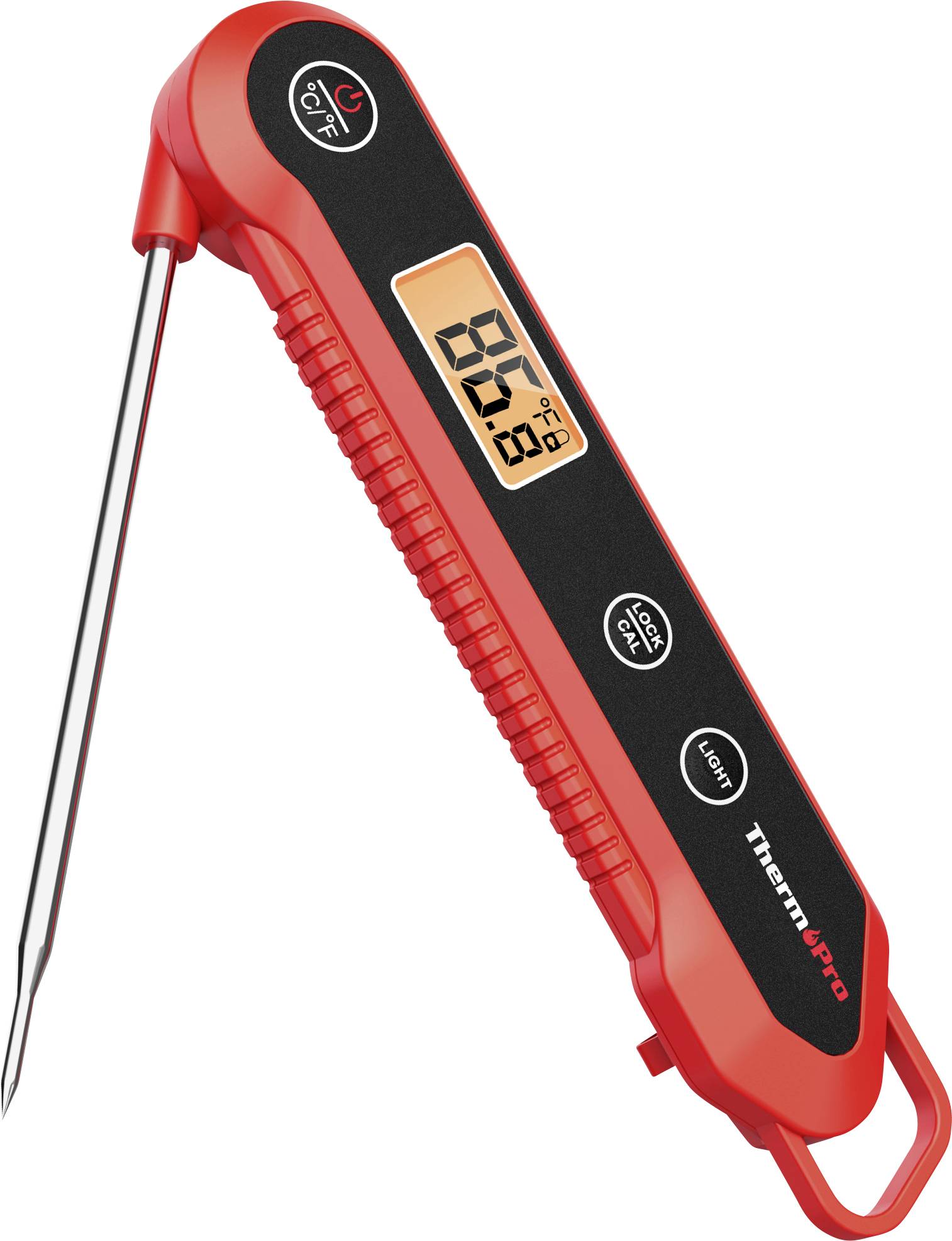 Red digital meat thermometer with a metal probe and display showing 86.0°F, labeled ThermoPro.